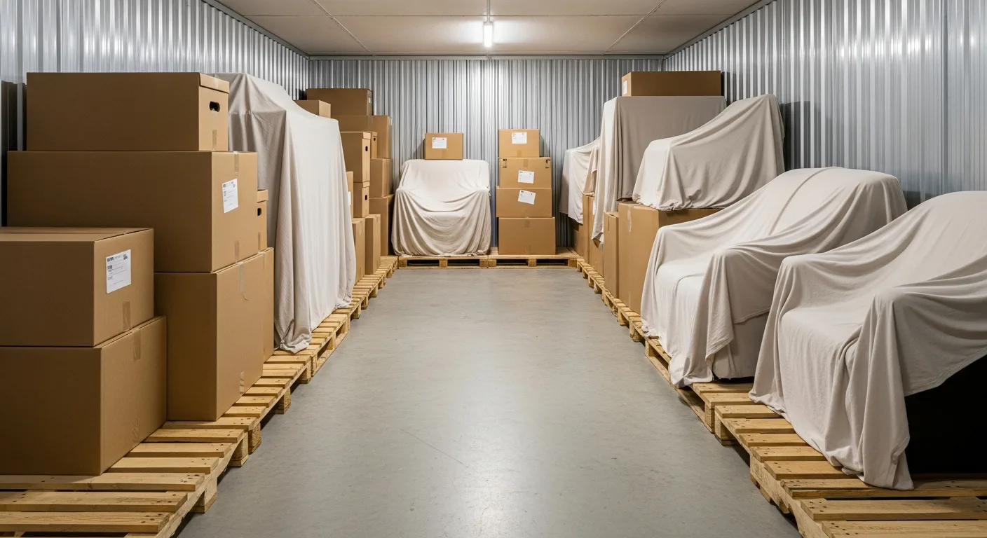 Box de self-stockage moderne ouvert avec cartons et meubles bien rangés